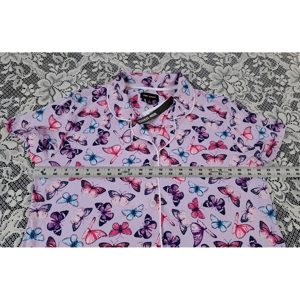 Room Service Sleep Top L Purple Butterfly Print Button Up Soft Pajama Spandex - Picture 8 of 10